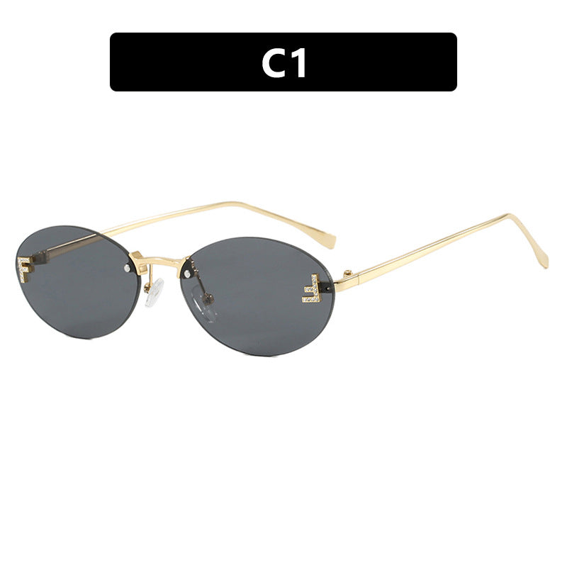 Letter F frameless cut edge sunglasses oval retro small frame women's fashionable metal sunglasses