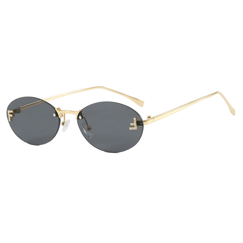 Letter F frameless cut edge sunglasses oval retro small frame women's fashionable metal sunglasses