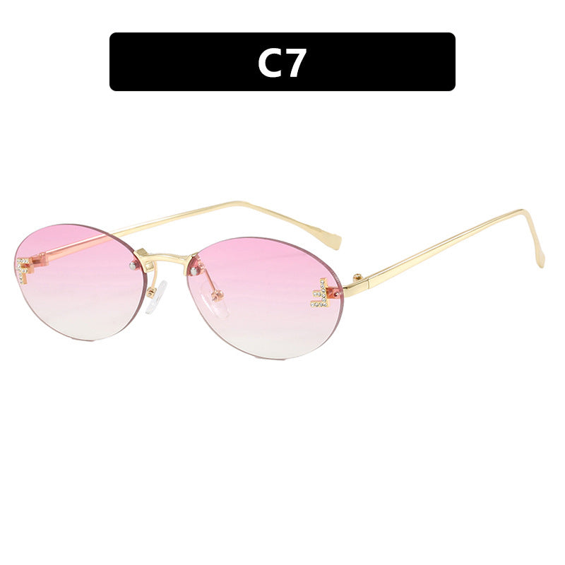 Letter F frameless cut edge sunglasses oval retro small frame women's fashionable metal sunglasses