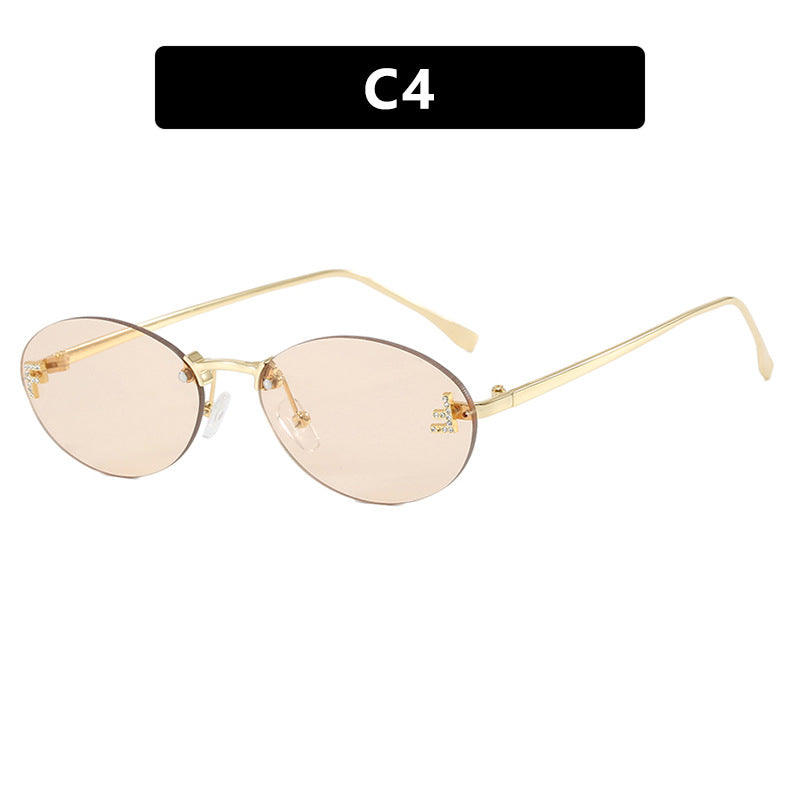 Letter F frameless cut edge sunglasses oval retro small frame women's fashionable metal sunglasses