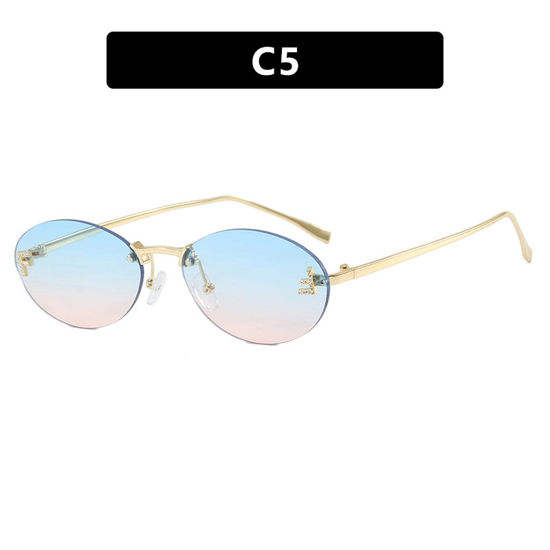 Letter F frameless cut edge sunglasses oval retro small frame women's fashionable metal sunglasses