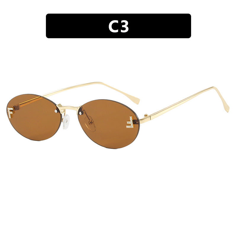 Letter F frameless cut edge sunglasses oval retro small frame women's fashionable metal sunglasses